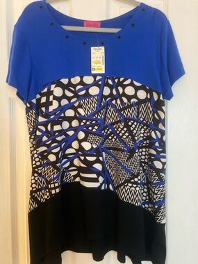 Maya Royal Blue Patterned Short Sleeve Blouse
